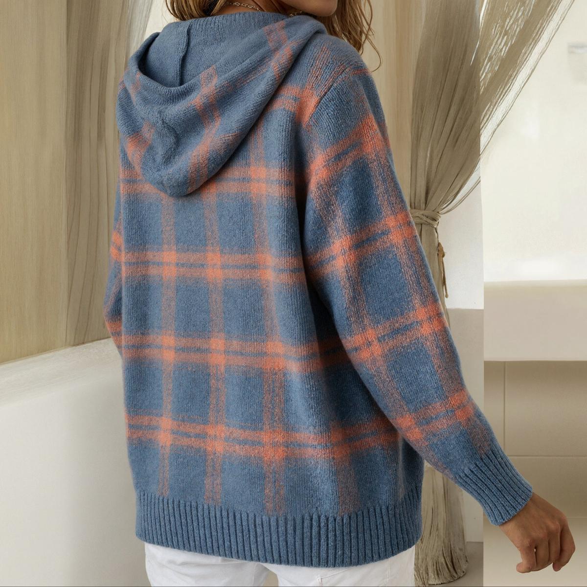 Blau karierter Button-Down-Kapuzenpullover