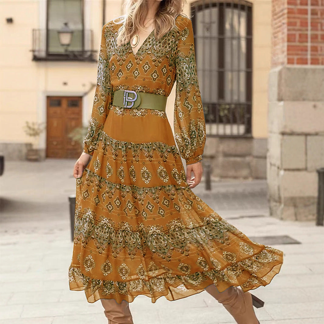 Grünes V-Ausschnitt Langarm-Midikleid