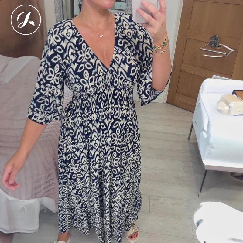 Bohemian Casual Print V-Neck Waist Wrap Long Dress
