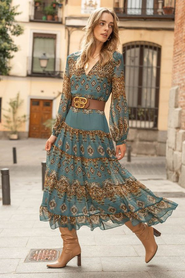 Grünes V-Ausschnitt Langarm-Midikleid