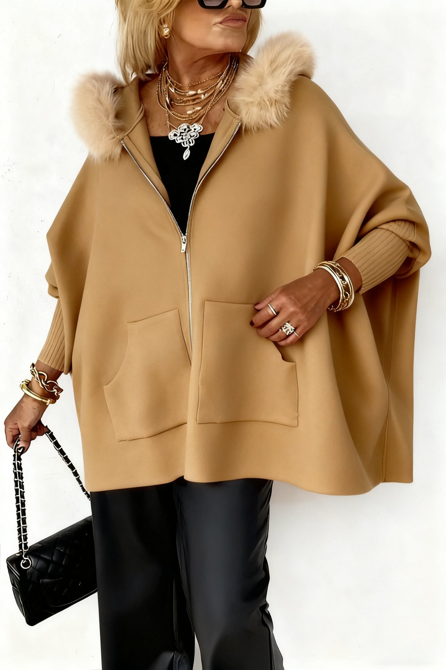 Damen Freizeitjacke mit Pelzkragen, einfarbig