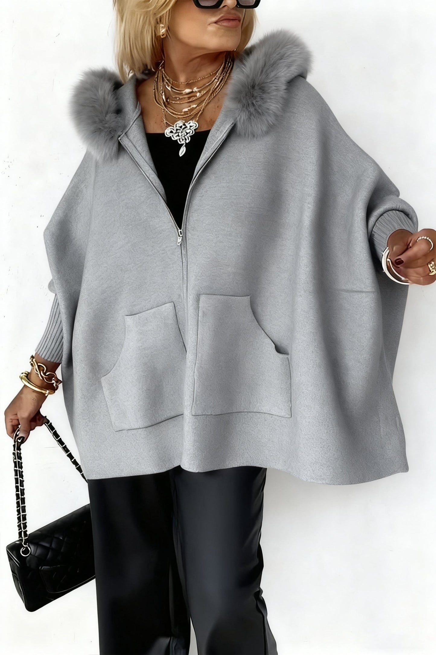 Damen Freizeitjacke mit Pelzkragen, einfarbig